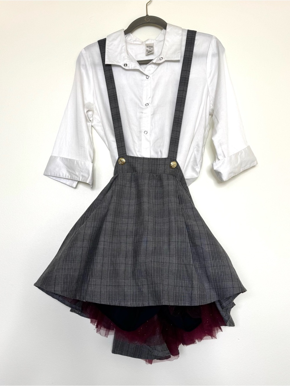 Weissman Gray Plaid Suspender Skirt with Burgundy Tulle Trim & white top